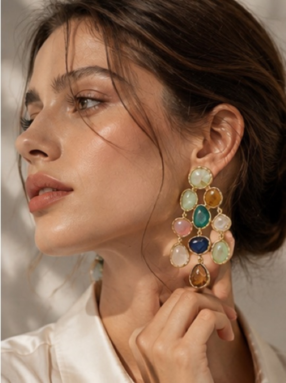 Multicolor Gemstone Chandelier Earrings 18K Gold Handcrafted Bohemian Jewelry